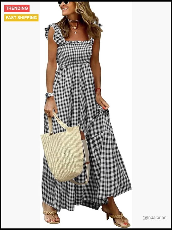 Dresses & Skirts - Retro Plaid Smocked Dress Spaghetti Strap Flounce Long Dress with Pockets